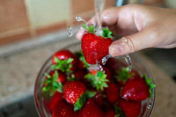 Washing fresh strawberries under running water in kitchen sink, hygiene and healthy eating concept