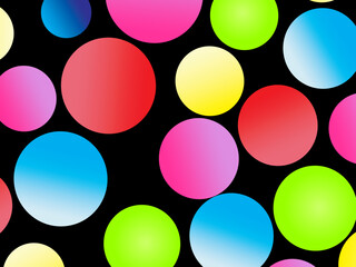 The black background is full of bright colorful circles in various sizes and color gradients, creating a dynamic abstract pattern.