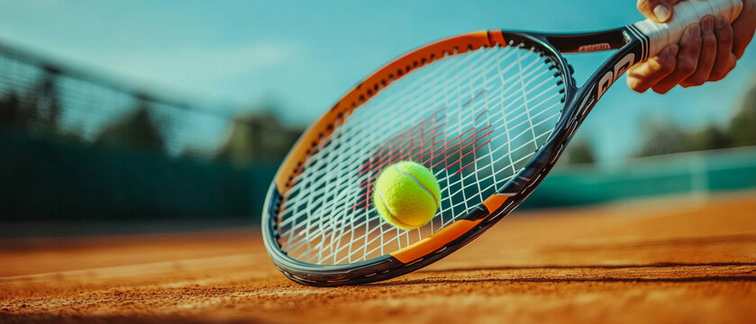 Tennis ball and racket in motion on the background of blurred court. Suitable for articles about sports and active lifestyle.