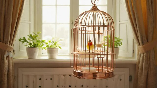 Colorful canary sings in a golden cage beside plants in a sunlit window