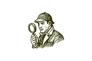 Sherlock Holmes Illustration: Detective in Deerstalker Hat with Magnifying Glass