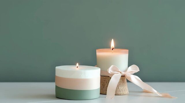 Muted green and ivory decor palette with plain white cake, handmade candle holder and ribbon detail, clean lighting