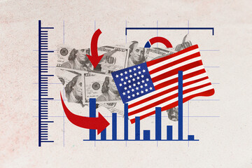 Photo collage template trend artwork composite of inflation graphics recession decrease national...