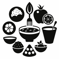Assortment of food dishes and ingredients in black and white