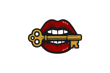 Lips  Key: Vector Illustration of Red Lips Holding a Gold Key