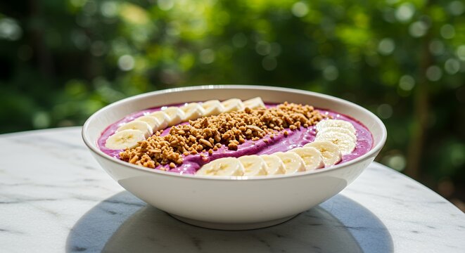 Indulge in a vibrant acai bowl, topped with fresh banana slices and crunchy granola, a perfect blend of healthy and delicious.