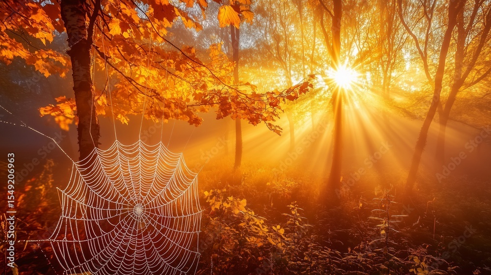 Wall mural a macro shot of a spider web in the morning, adorned with dew drops, reveals a delicate and intricat