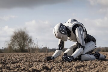 Robot Planting in Field: Futuristic Agriculture and AI Technology Scene.