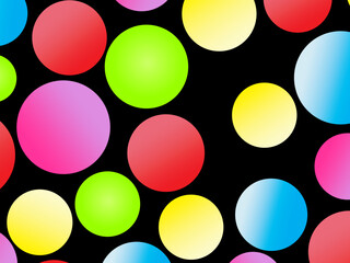 The black background is full of bright colorful circles in various sizes and color gradients, creating a dynamic abstract pattern.