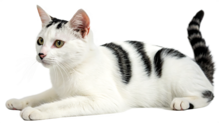 White Cat with Black Stripes Lying Down Studio Shot Ai isolated on a transparent background tabby cat