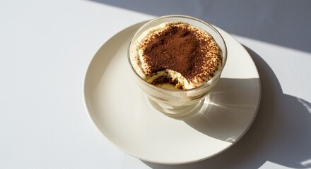 Indulge in the creamy, coffee-infused delight of this perfectly portioned tiramisu, a bite taken to reveal its layered texture and rich cocoa dusting