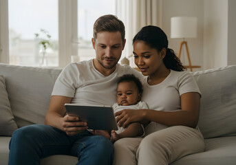 A young mixed-race family sits together on a couch, looking at a tablet.