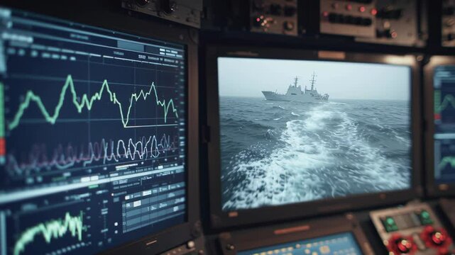 A splitscreen view showing a realtime stability monitoring graph on one side and a video feed of the ship navigating progressively choppy seas on the other highlighting the correlation
