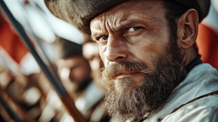 A deeply intense portrait captures a serious historical character amid a dynamic surroundings, showcasing strength and determination in a moment steeped in historical significance.