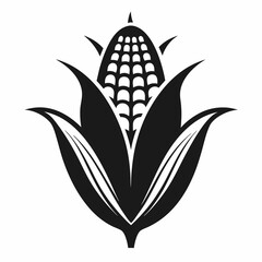 Black and white corn cob with leaves design isolated on white