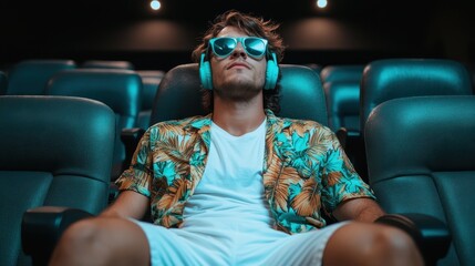 A young man, dressed casually and wearing sunglasses, sits confidently in a cinema chair, enjoyably immersed in music through his headphones, creating a relaxed atmosphere.