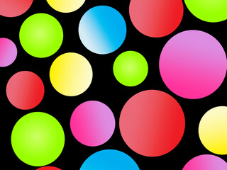The black background is full of bright colorful circles in various sizes and color gradients, creating a dynamic abstract pattern.