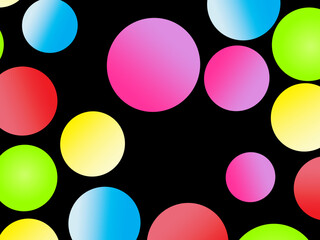 The black background is full of bright colorful circles in various sizes and color gradients, creating a dynamic abstract pattern.