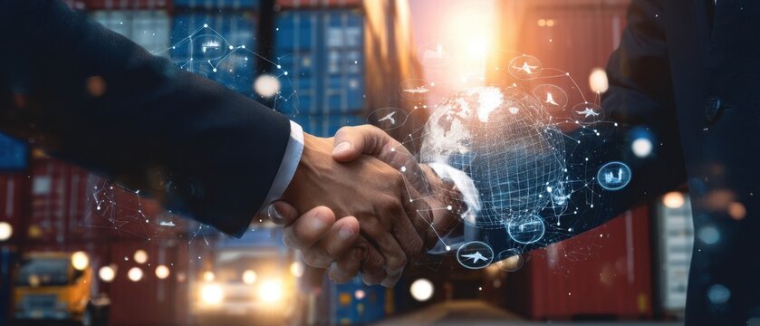 The handshake symbolizes partnership in a global business environment.