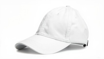 Fototapeta premium White Baseball Cap on White Background. The image shows a white baseball cap against a bright white background. The cap is clean and crisp, with a curved brim and a simple design. 