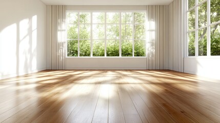Fototapeta premium An inviting room featuring large windows that allow ample natural light to filter in, enhancing the warm wooden floors and creating an inviting atmosphere.