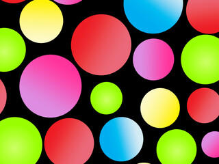 The black background is full of bright colorful circles in various sizes and color gradients, creating a dynamic abstract pattern.