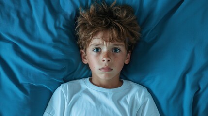 A young boy with a puzzled expression lies on a blue bed, showcasing a moment of contemplation, innocence, and childhood emotions in a serene setting.