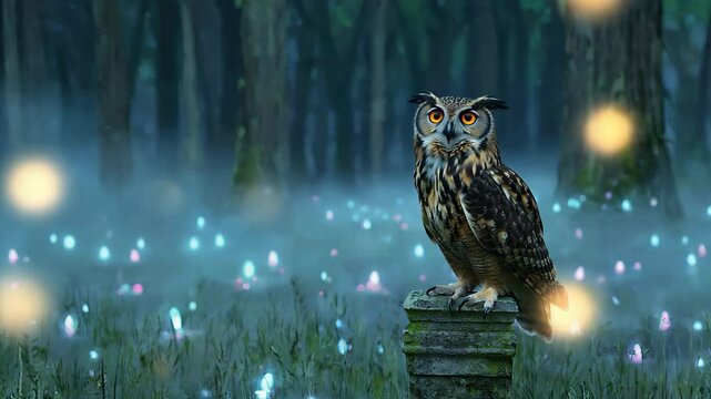 Majestic owl perched on stone amidst glowing lights in a mystical forest environment at night