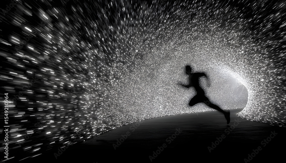 Poster digital runner in a data tunnel. a silhouette of a runner moving through a tunnel made of digital da