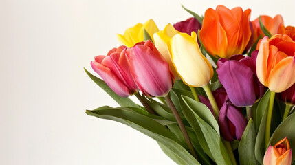 Fototapeta premium Vibrant tulips with green foliage, soft daylight, copy space. Fresh spring floral beauty in natural harmony. 