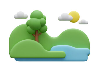 緑の丘と湖と太陽と雲の3D風景透明な背景のイラスト