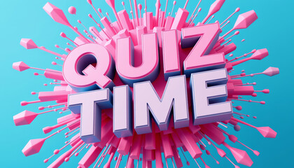 Quiz time text with pink 3D letters and dynamic burst shape on blue background, vibrant and eye catching design