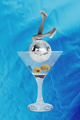 Vertical image art poster collage of glass martini cocktail beverage disco ball entertainment party...