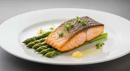 Indulge in Exquisite Culinary Delights: Pan-Seared Salmon with Asparagus and a Delicate Sauce, a Symphony of Flavors and Textures.