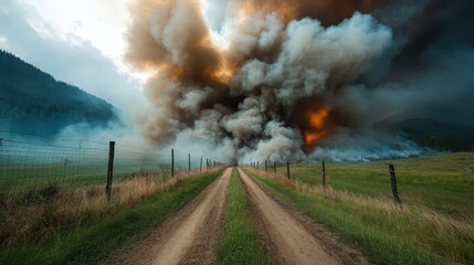 Fototapeta premium A stunning visual of a dirt road leading through a field with towering smoke and fire clouds, illustrating the power of nature and the impact of wildfires in vast landscapes.