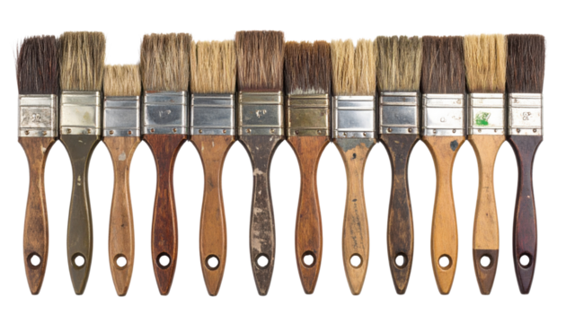 A row of 13 paintbrushes with wooden handles and bristles of varying widths and colors lined up side by side.
