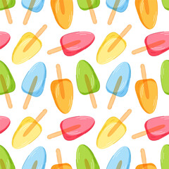 Seamless pattern with colorful cartoon ice pop on white background. Perfect for summer design, packaging, kids product,, fabric and wallpaper decoration.