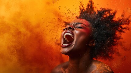 An emotive portrait of a woman screaming in apparent euphoria, surrounded by a vibrant burst of orange powder, symbolizing passion, creativity, and raw emotion in artistic expression.