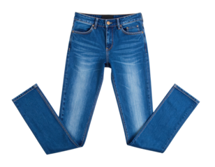 A pair of blue denim jeans with a classic five-pocket design and visible stitching, displayed flat with legs slightly bent.
