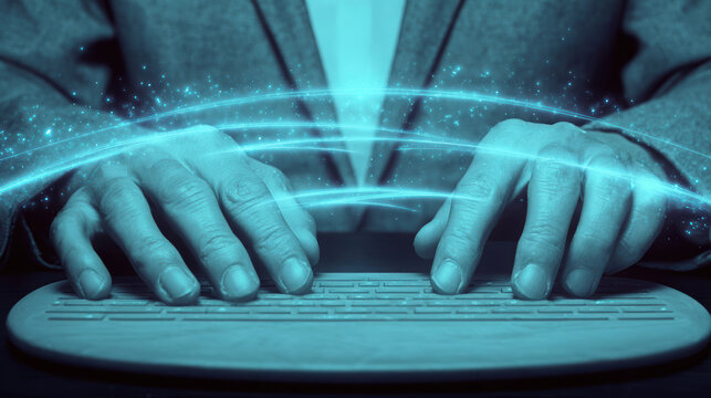 Digital corporate worker typing on futuristic floating keyboard, surrounded by glowing blue lines, conveying innovation and technology in modern workspace - Powered by Adobe
