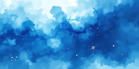 Abstract watercolor painting featuring shades of blue with cloud like formations and stars