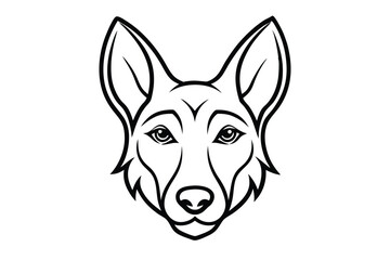 Black and white line art reveals a detailed canine head with sharp ears