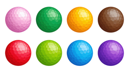 Eight colorful golf balls arranged in two rows, showcasing various bright colors with textured dimpled surfaces.
