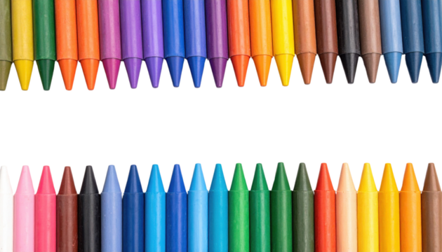 Two rows of sharpened colored pencils in various hues arranged horizontally with a black space in the middle.