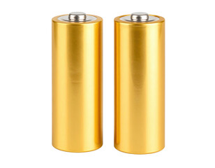Two cylindrical golden batteries standing upright, showcasing metallic tops and smooth reflective surfaces.