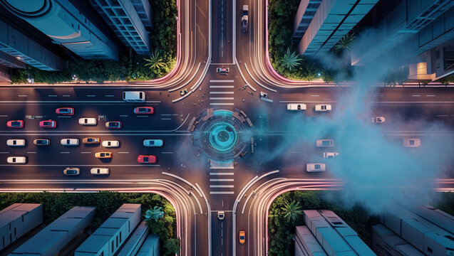 Aerial view of modern city intersection with car traffic and futuristic elements