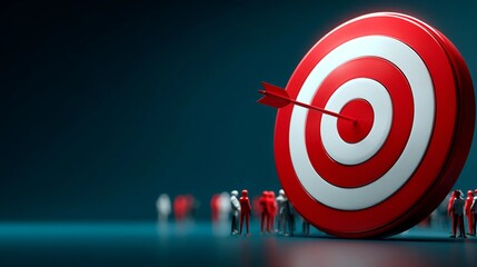 Target hit by arrow with small figures representing team achieving goal