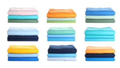 Nine stacks of folded clothes arranged in a 3x3 grid, each stack featuring various colors like blue, yellow, orange, green, pink, and navy.