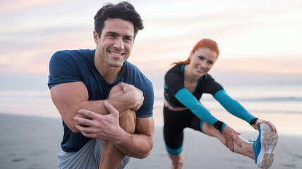 Couple enjoys a sunset workout with stretching exercises on the beach