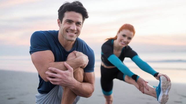 Couple enjoys a sunset workout with stretching exercises on the beach - Powered by Adobe